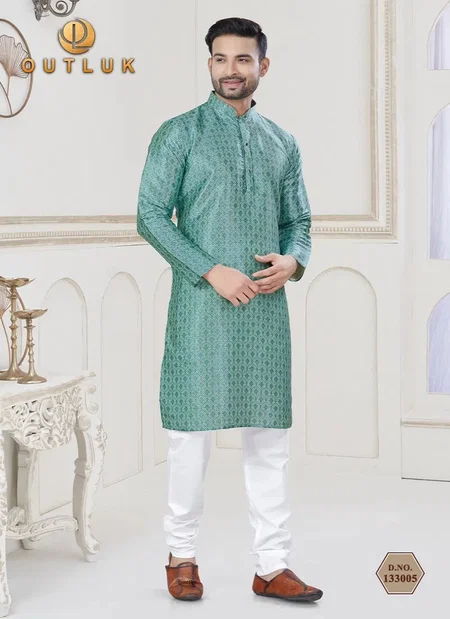 Green Colour Outluk Vol 133 Jequard Silk Digital Printed Mens Kurta Pajama Wholesale Online 133005
